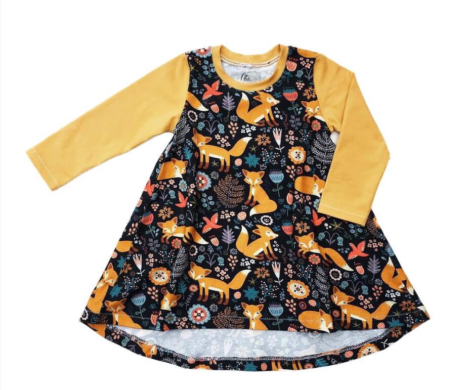 Baby Girls Dress Little Foxes Birds Cartoon Flora Printed Full Slevee Yellow Spring Fall Toddler Skirts Outfits 1-6T